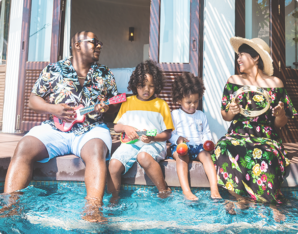 Échange de maison — illustration d’une famille devant son logement